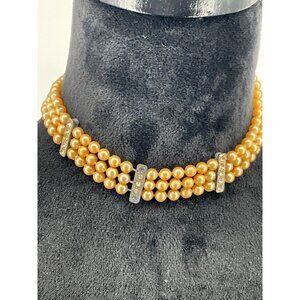 Vintage Faux Pearl Three-Strand Choker Necklace With‎ Rhinestone Accents